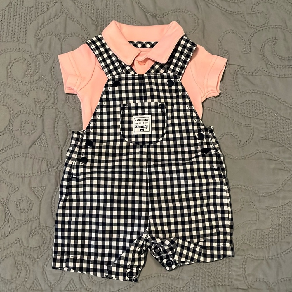Carter’s NB Pink Onesie, Black & White Gingham Overall Shorts Set NWOT